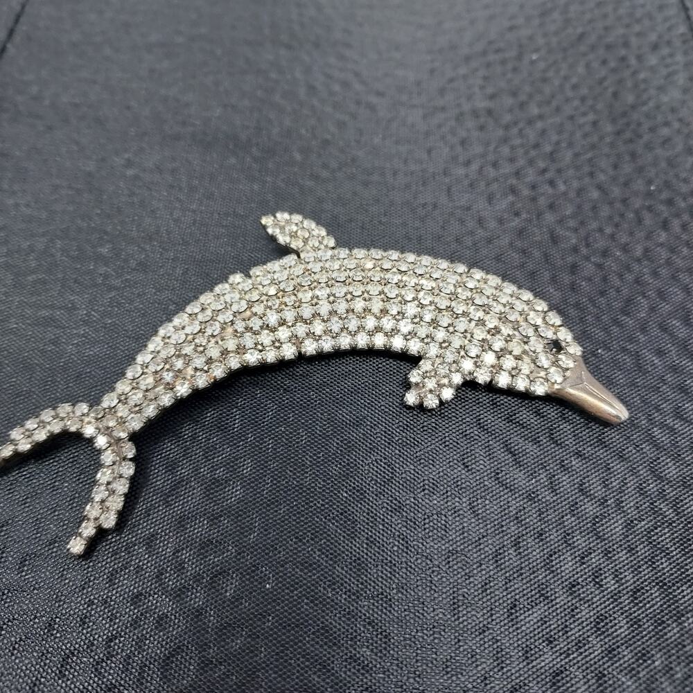 Dolphin Brooch Pave Rhinestone Silver Tone 3.5" Sea Life Beach